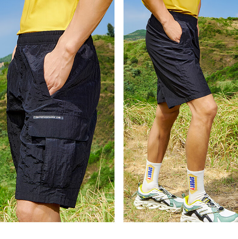TECTOP Five-Point Shorts, Men's Outdoor Solid Color Tech Fabric Workwear Wear-Resistant Running Sports Pants 227, Men's Black S 13