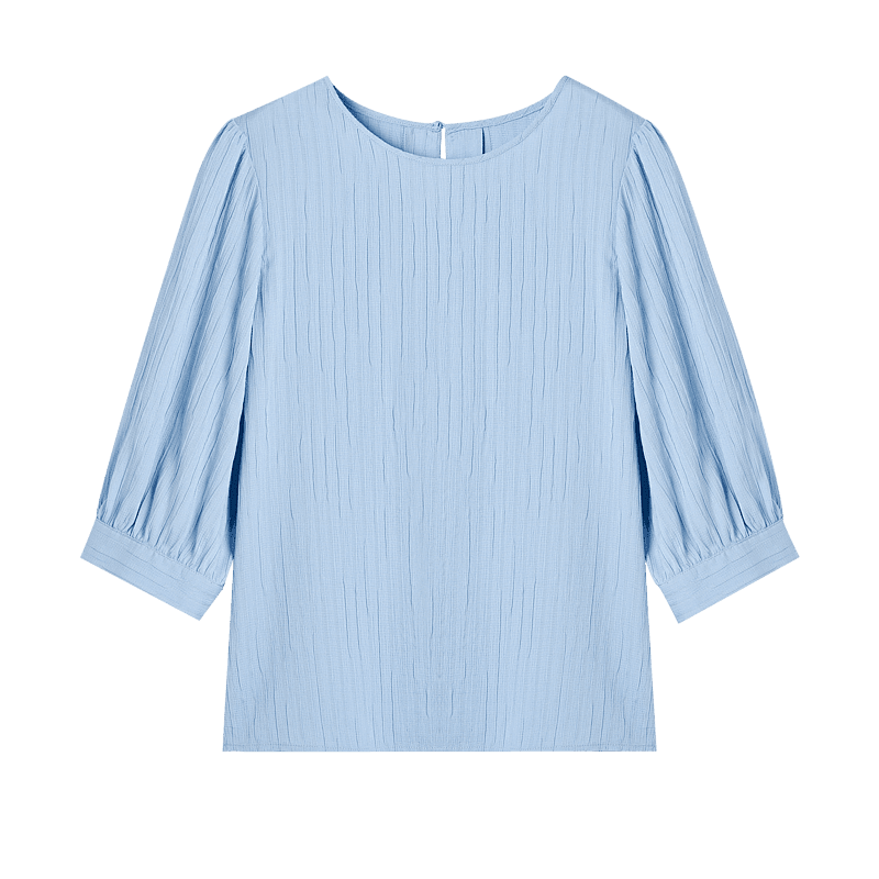 Dme [French Textured Shirt] Summer Commuter Round Neck Lantern Sleeve Blouse Women's Top, Sky Blue, S