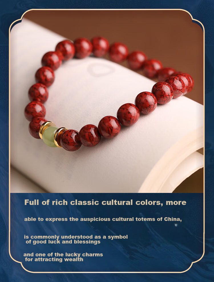 Doukou Shiguang Original Ore Translucent Crystal Cinnabar Bracelet, High-Content Zodiac Year Hetian Jade Fortune-Turning Bead Bracelet for Men And Women, 6mm 10