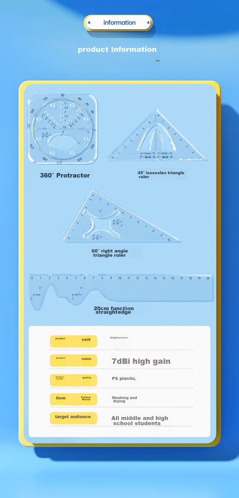 Wusheng Function Ruler Set for Middle And High School Students, Multifunctional Geometric Drawing Ruler, Straight Ruler, Triangle Ruler, Protractor Set, Student-Specific Stationery, Transparent High-Quality Drawing Formula Set 10