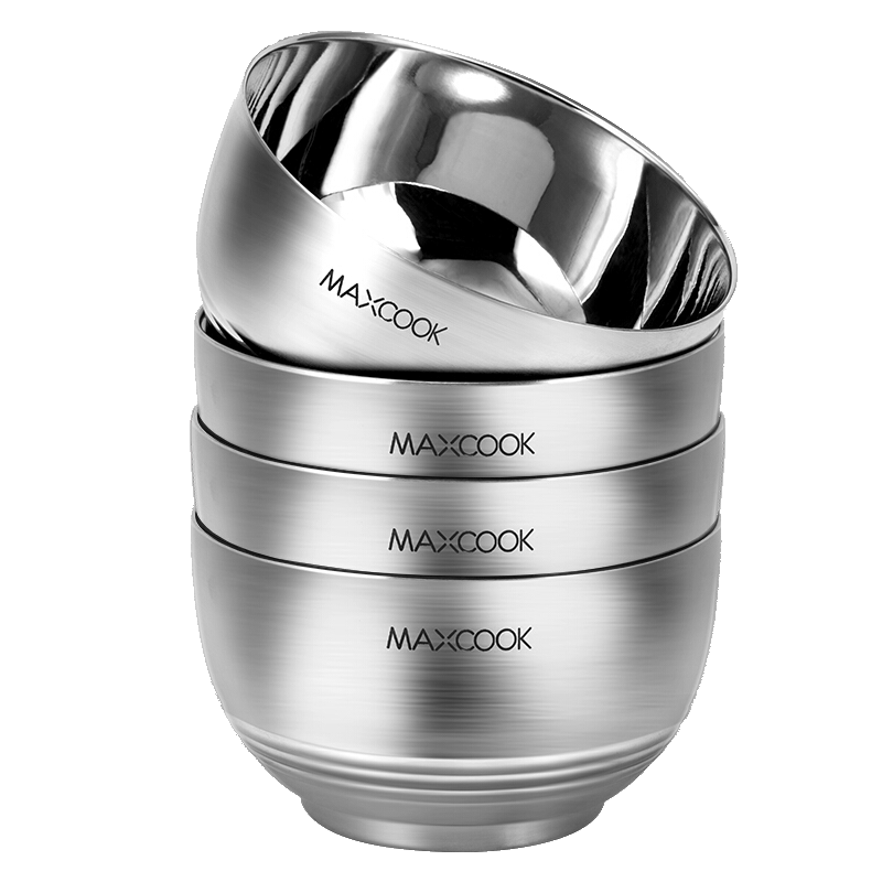 MAXCOOK 304 Stainless Steel Bowl, Double-Layer Insulated Soup Bowl, Tableware Noodle Bowl 13CM (Set of 4) MCWA702