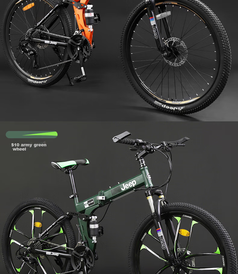 Jeep Folding Mountain Bike, 27-Speed, Dual Shock Absorption, Disc Brakes, Off-Road Gears, Single-Speed Bicycle, Zhanshen Black And Red, Three-Gear Ratio 12