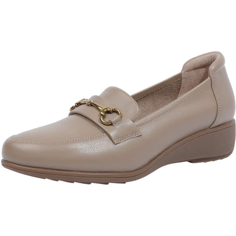Goldlion Women's Shoes, Mom Leather Shoes, Slip-On Shallow Mouth Women's Flats, Wedge Round Toe Loafers, G662330071, Apricot Color, Size 36
