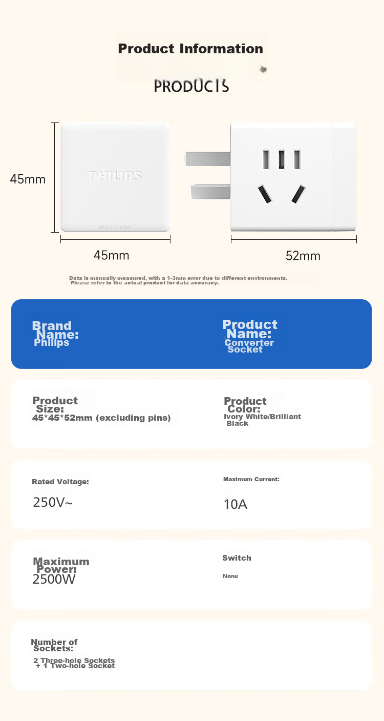 PHILIPS Cube Power Strip/Adapter/Converter Plug Socket/Single-To Socket Extension/Multifunctional Socket/Wireless Power Strip/Extension Cord 1032W 9