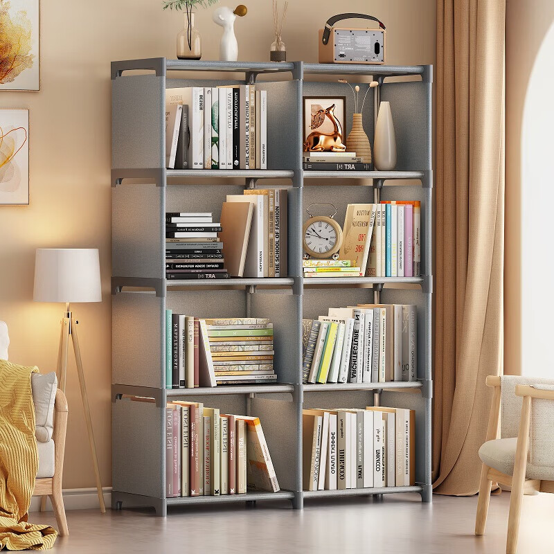 Anerya Simple Bookshelf Floor-Standing Side Table Storage Rack Large Capacity Bookcase with Double Rows of 8 Shelves, Silver Gray Color