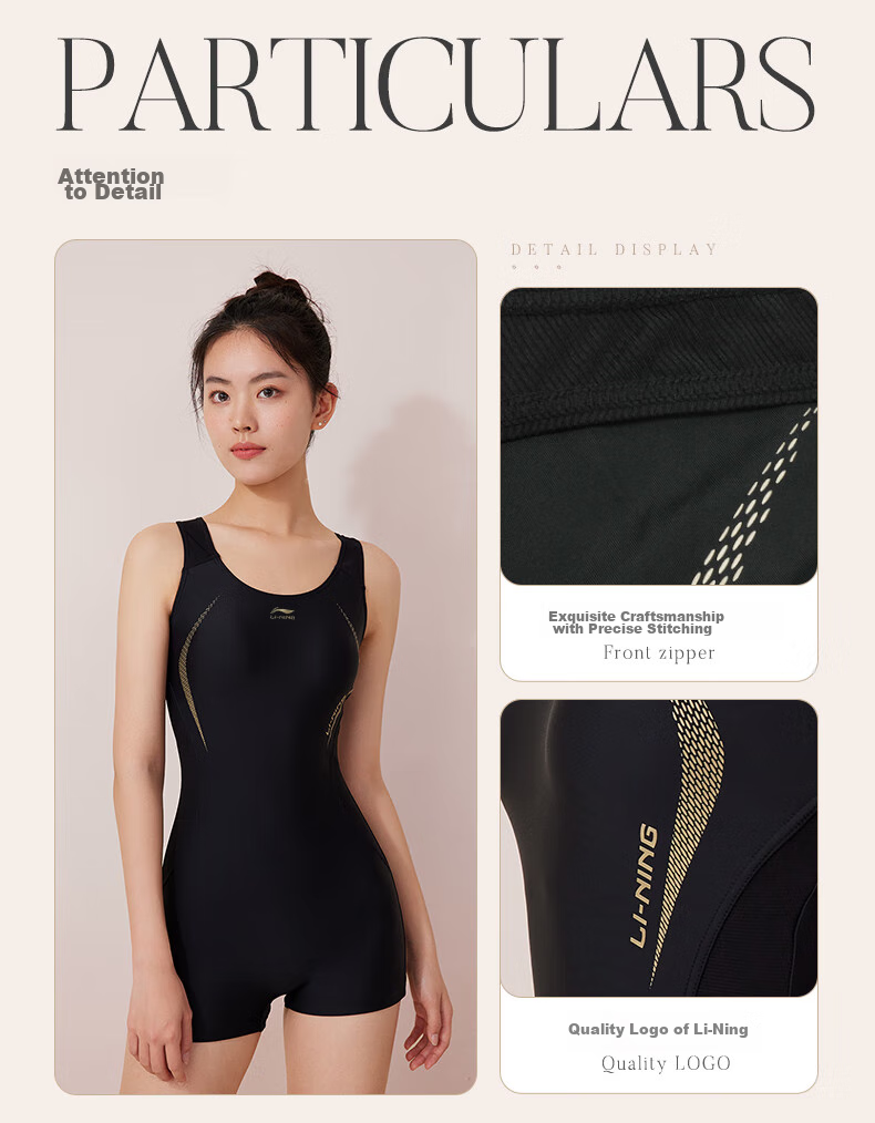 Li-Ning Women's Swimsuit, Professional Training One-Piece Boyleg Swimwear, Fashionable Plus-Size Swimsuit 011, Black And Gold, XXXL 9
