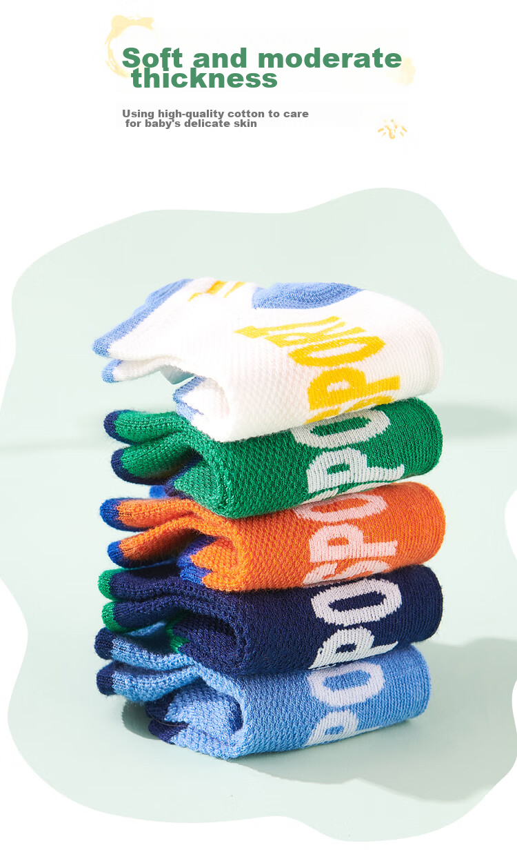 LangSha Children's Socks, Boys' Summer Thin Mesh Socks, Baby Mid-Calf Cotton Socks, 5 Pairs Pack, Letter Mesh Pattern, Size L 5