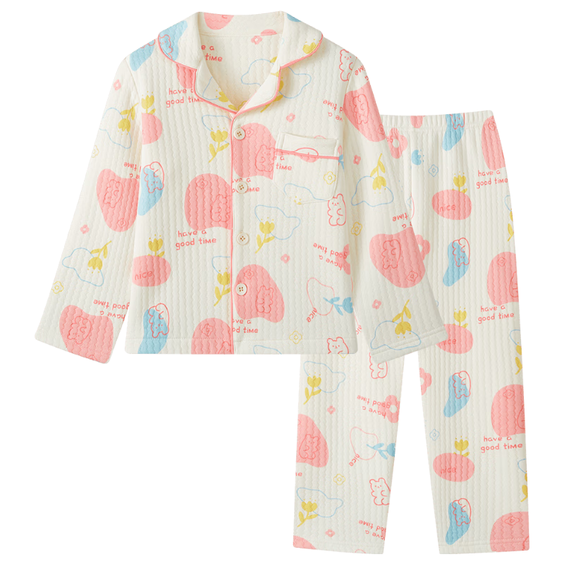 DEESHA 280G Three-Layer Quilted Warmth Retention Girls' Thickened Cardigan Homewear Set Beige Floral Pattern Size 160