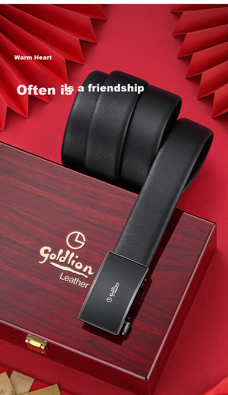 Goldlion Men's Leather Belt with Inner Buckle, Automatic Buckle Waistband, High-End Rosewood Gift Box Set, Birthday Gift for Gifting 2