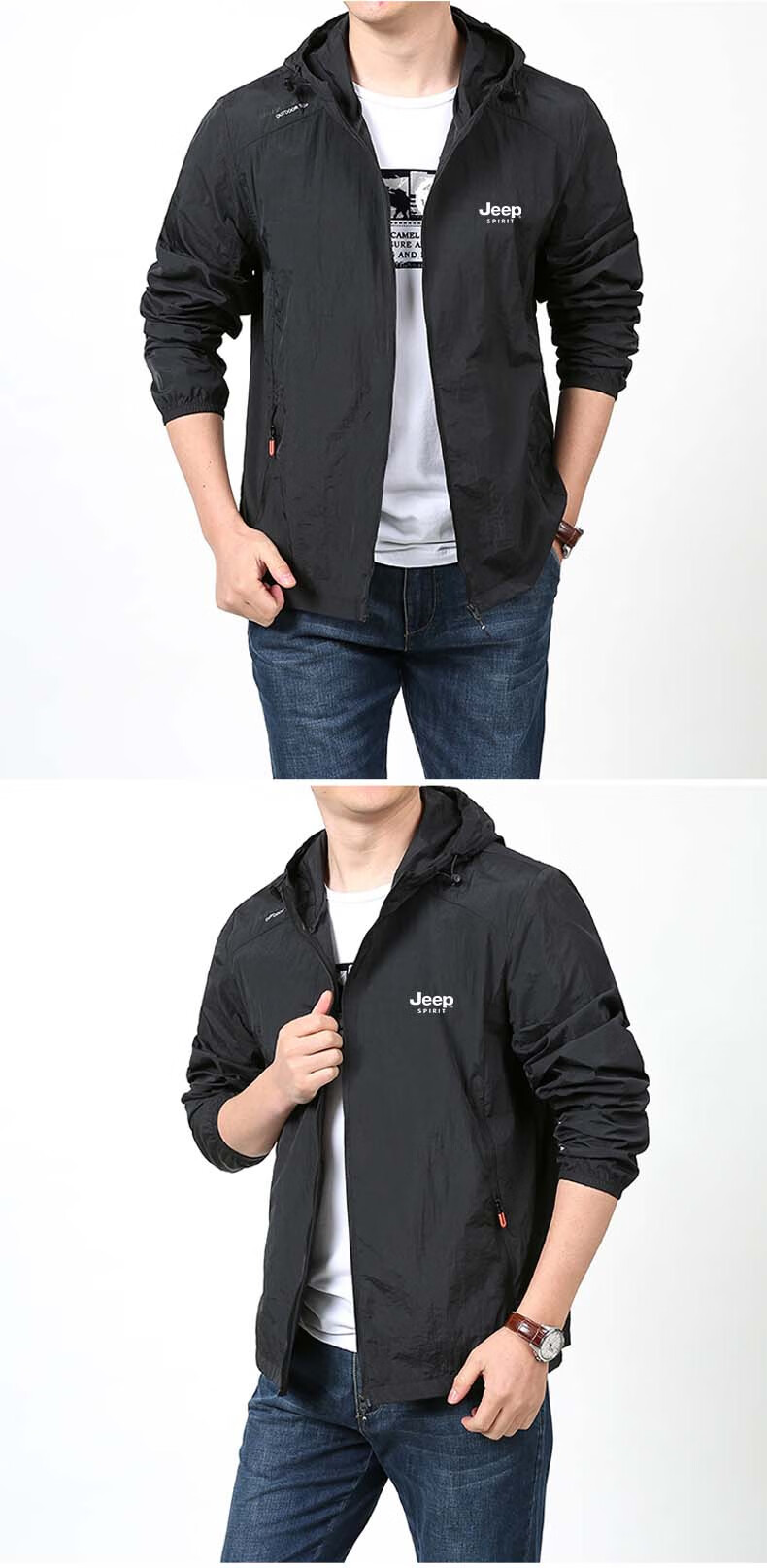 JEEP SPIRIT Men's Sun Protection Hoodie, Summer Outdoor Sports Skin Coat, Casual Jacket, Fishing Wear, Light Gray, 4XL 14