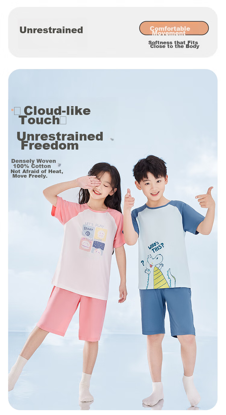 Hodohome Children's Pajamas, Boys' Summer Pure Cotton Pullover Loungewear, Short-Sleeved Shorts Air Conditioning Suit Set, Size 315, 130 3