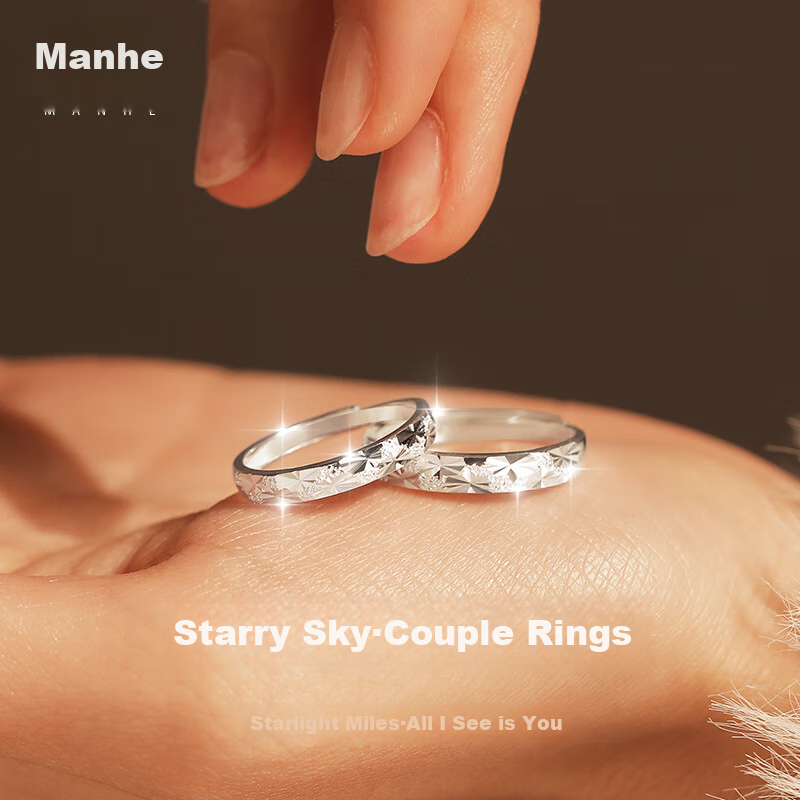 MANHE S999 Sterling Silver Couple Rings, One Pair of Engagement Diamond Rings, Adjustable Women's And Men's Birth Ring, Valentine's Day Gift