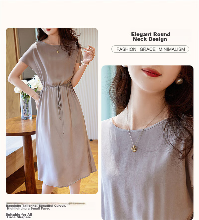 Dme Spring And Summer Silk Dress, High-End Mulberry Silk New Style Round Neck Seamless Shoulder Straight Silk Mid-Length Women's Dress 5