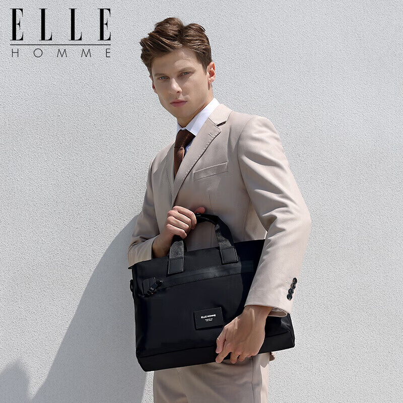 ELLE HOMME Business Men's Briefcase, Nylon Canvas Shoulder Crossbody Bag, Handheld Laptop Bag for Men, 06810 Black