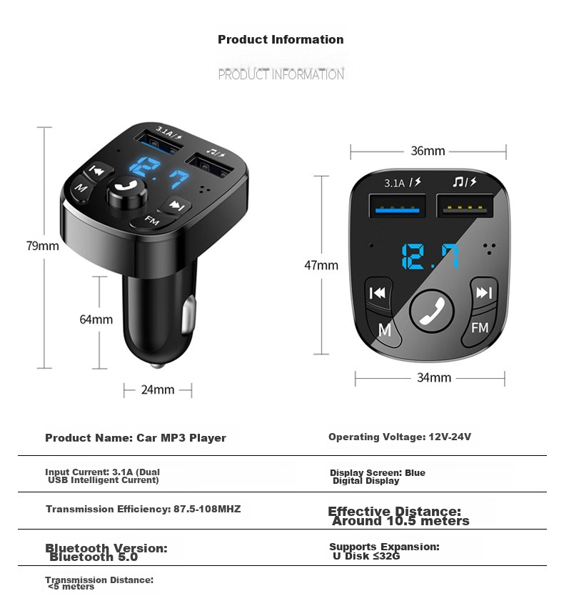 Zhunhang Car Bluetooth MP3 Player, Cigarette Lighter Radio, Car Phone, FM Transmitter, USB Lossless Sound Quality 13