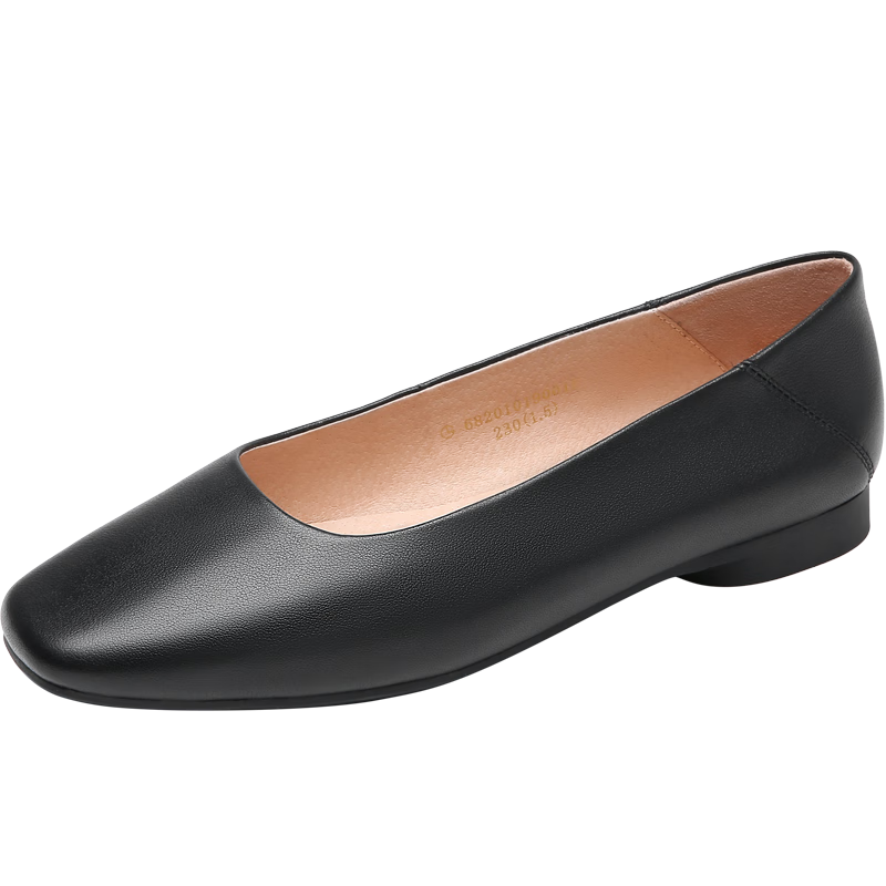 Goldlion Women's Shoes, Soft Leather, Soft Sole, Square Toe, Flat Heel, Grandma Shoes, Shallow Mouth Flats, Women's Shoes - 68201019001P, Black, Size 38