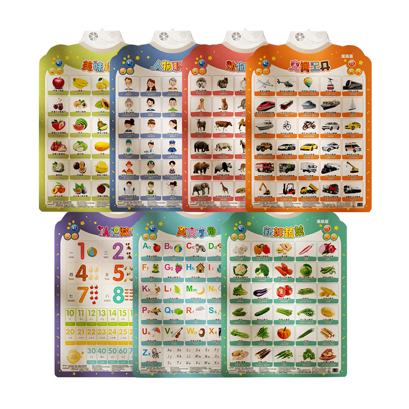 Leleyu Chinese-English Cantonese Bilingual Early Education Sound Wall Chart Children's Toy Sound-Making Enlightenment Baby Cognitive Alphabet Chart Wall Sticker 7 Pieces