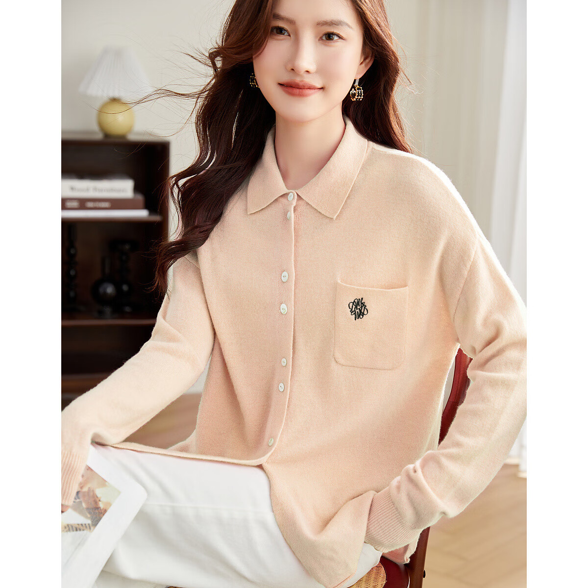 Dme [100% Merino Wool Shirt-Style Sweater], Winter Lapel Cardigan, Letter Embroidery Knit Sweater, Women's Top