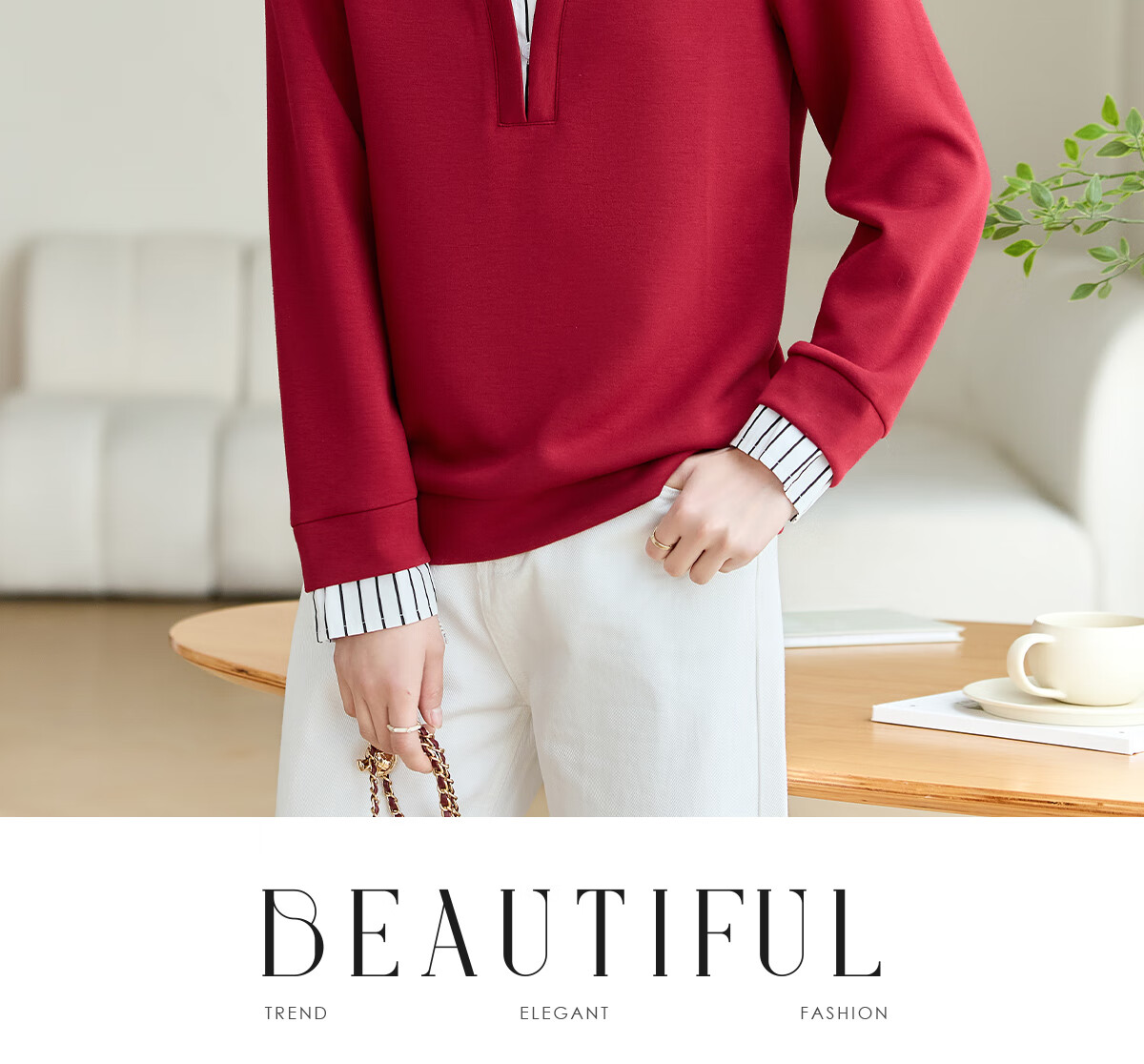 She Enjoy Women's Sweatshirt with Fake Two-Piece Shirt Collar and Striped Patchwork Casual Fashion Versatile Pullover T141W1668 10