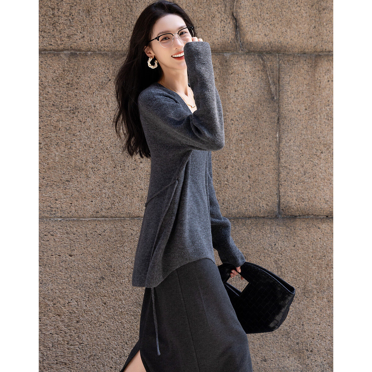 Dme French Ladylike V-Neck Adjustable Elastic Waist Knit Sweater Women's Top, Dark Gray, S