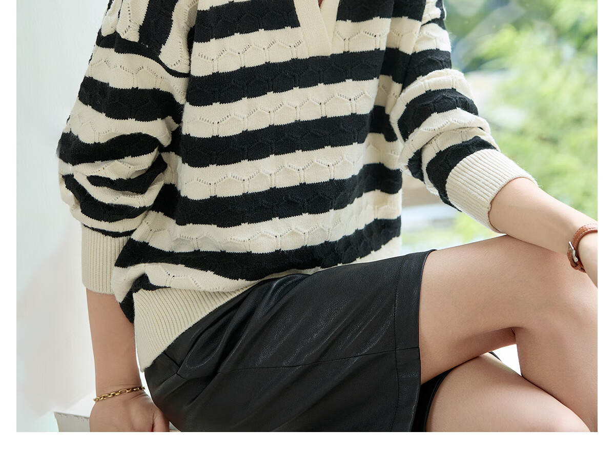Chushen Spring Autumn Women's Knitwear Striped Textured Pattern Polo Collar Sweater Basic Top S143Z3010 7