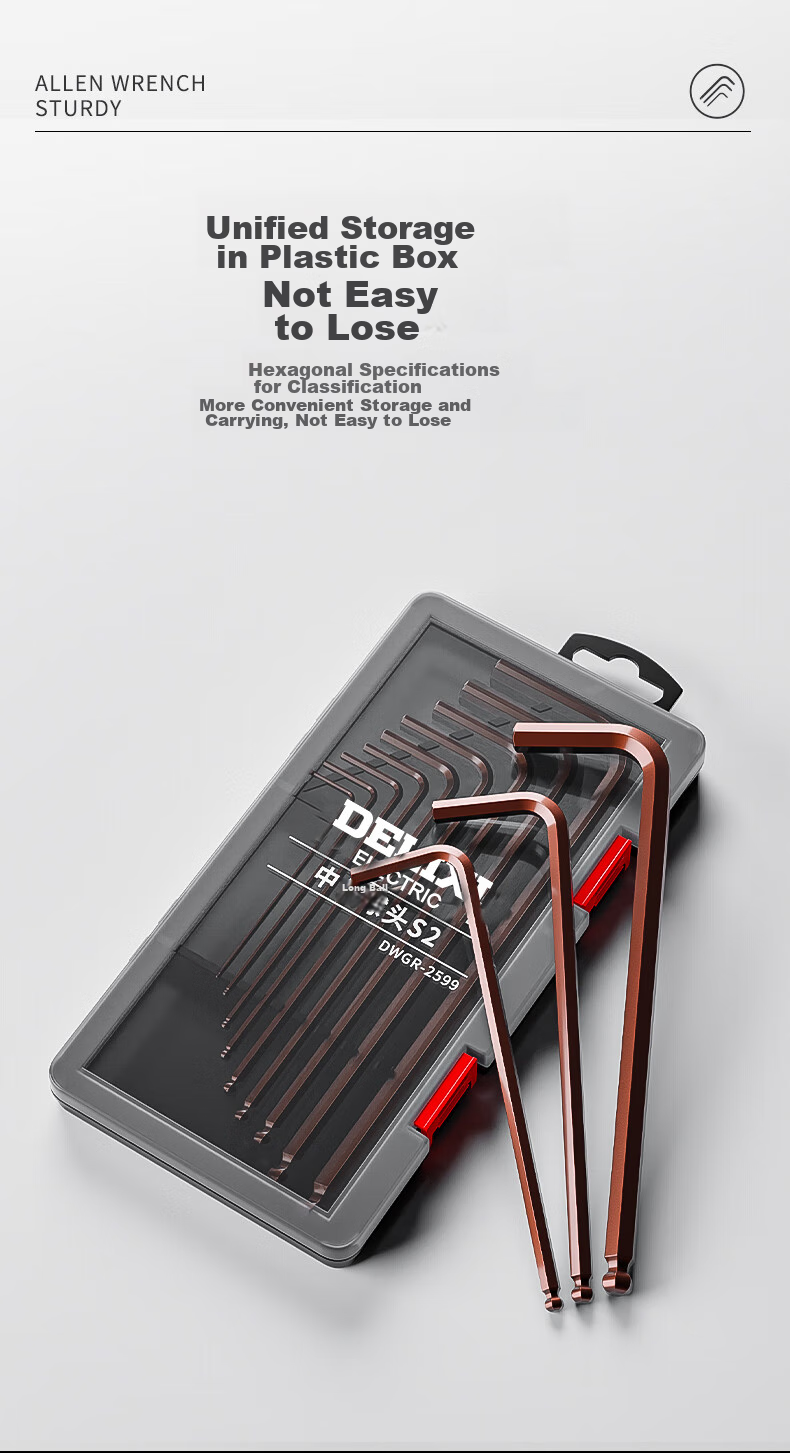 Delixi Hex Key Wrench Set Universal 6-Angle Screwdriver Hexagonal S2 Steel Flat Ball End Medium-Long Set 8