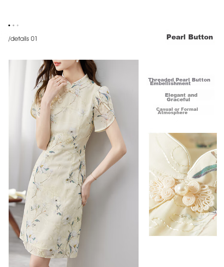Sentubila New Chinese-Style Mandarin Collar Button-Up Qipao Improved Version, Petal Sleeve Chiffon Floral Print Dress for Summer, Apricot Base Floral Pattern, XL 5