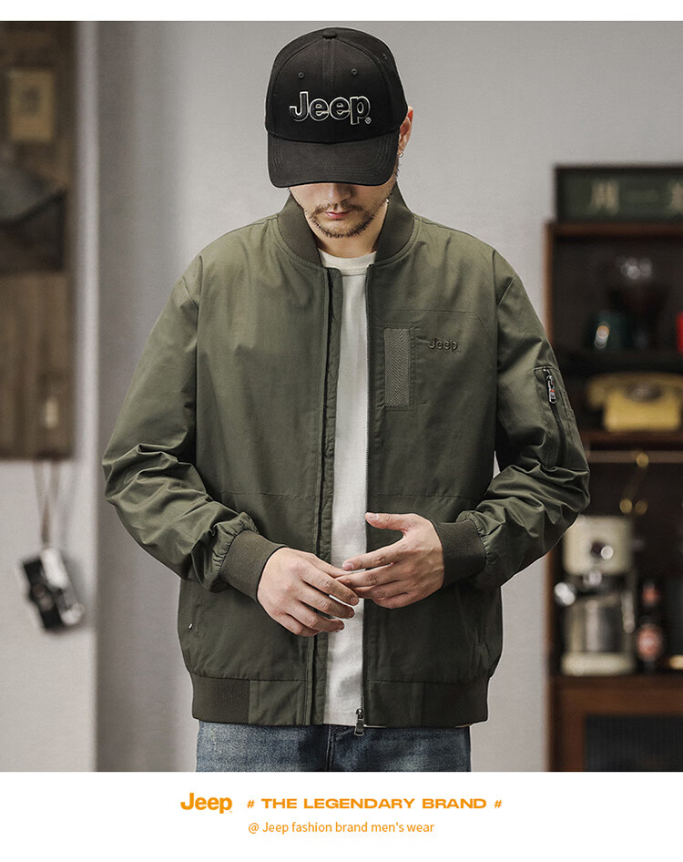 JEEP Men's Jacket, Spring And Autumn Workwear Baseball Collar Casual Clothing, Army Green, Size M 7