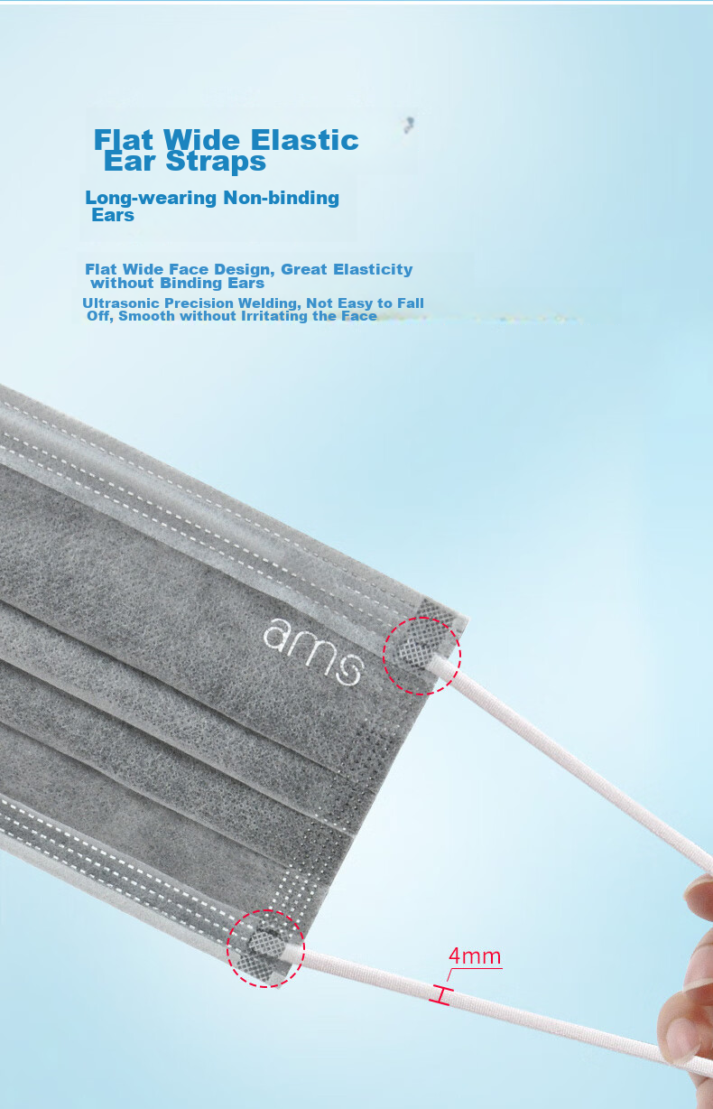 Ams Disposable Activated Carbon Face Masks, 50 Pieces/box, Individually Wrapped, Protective for Renovation Odors, Formaldehyde, Flu Virus, Gray Industrial Protection against Pollen Dust Sand Spray Droplets Allergies Breathable Grinding 10