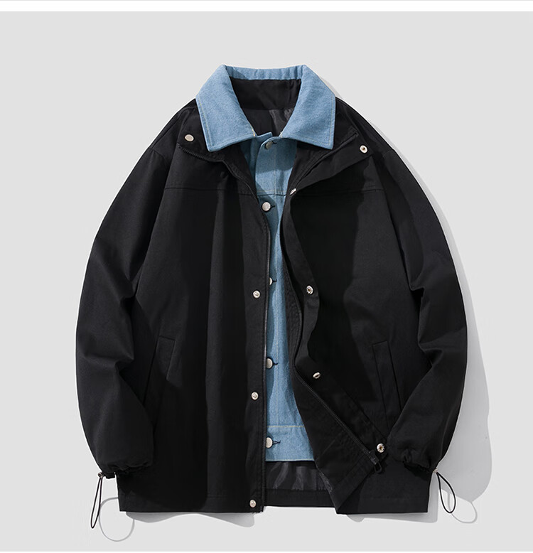 Foss Phil Men's Faux Two-Piece Jacket, Spring And Autumn Japanese-Style Loose Trendy Casual Outerwear J746 Black 2XL 3