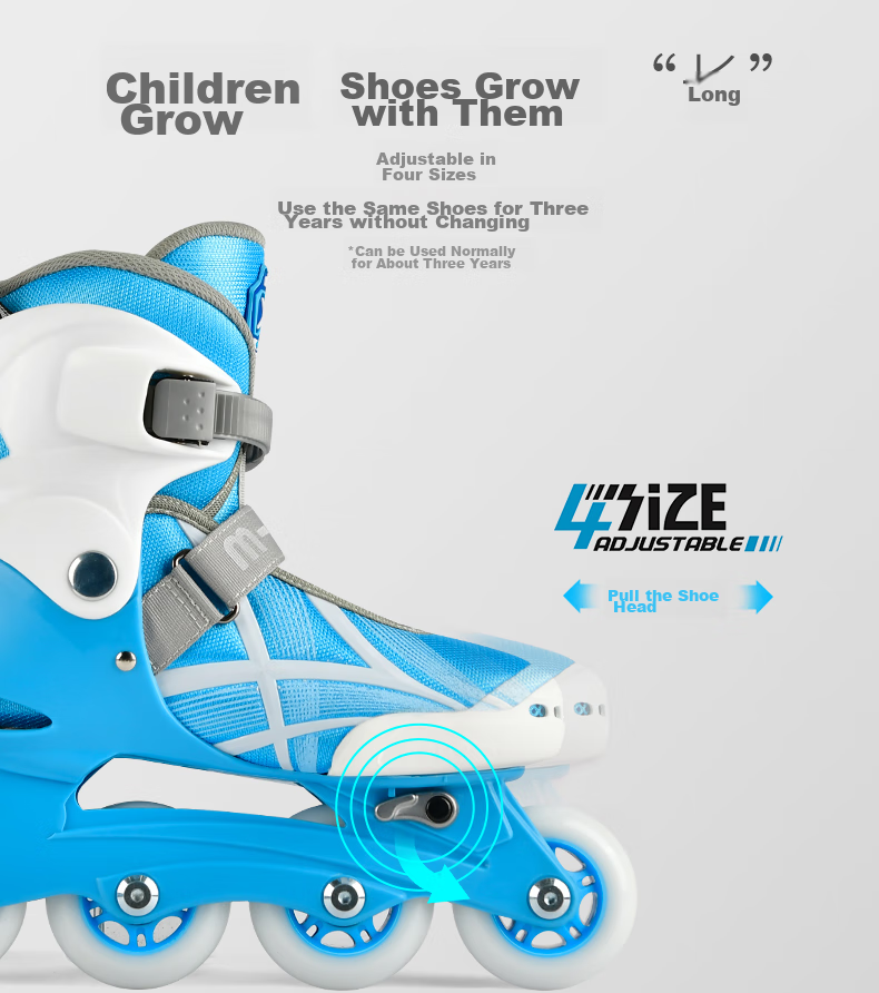 MEGA Children's Roller Skates for Boys And Girls, Inline Skates with Adjustable Wheels for Primary And Secondary School Students, Blue Set, Size L 10