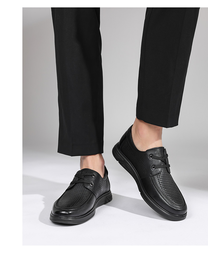 LAORENTOU Men's Leather Shoes, Business Casual Shoes, Top-Grain Cowhide Perforated Shoes, Slip-Resistant And Wear-Resistant Hollow-Out Men's Shoes, LL12130, Black, Size 38 12