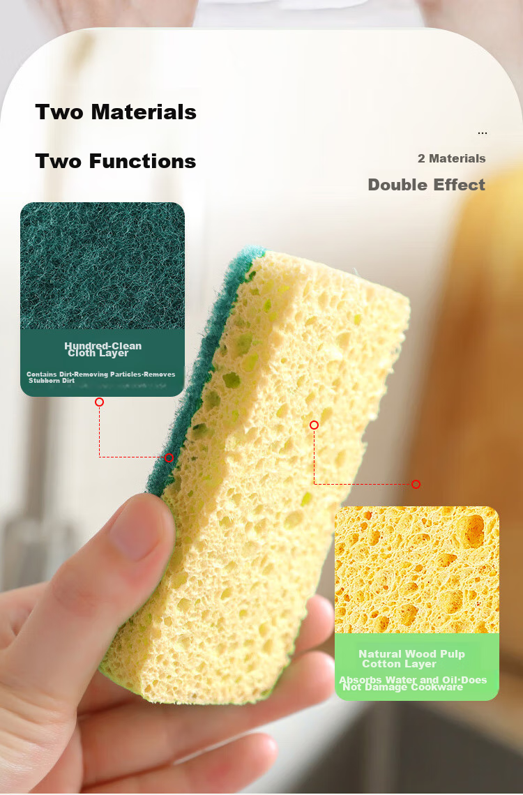 JUQI Wood Pulp Cotton Sponge Scrubber, 10*7CM*6 Pieces, Kitchen Dishwashing Sponge, Absorbent, Non-Stick, Powerful Cleaning, Scouring Pad 6