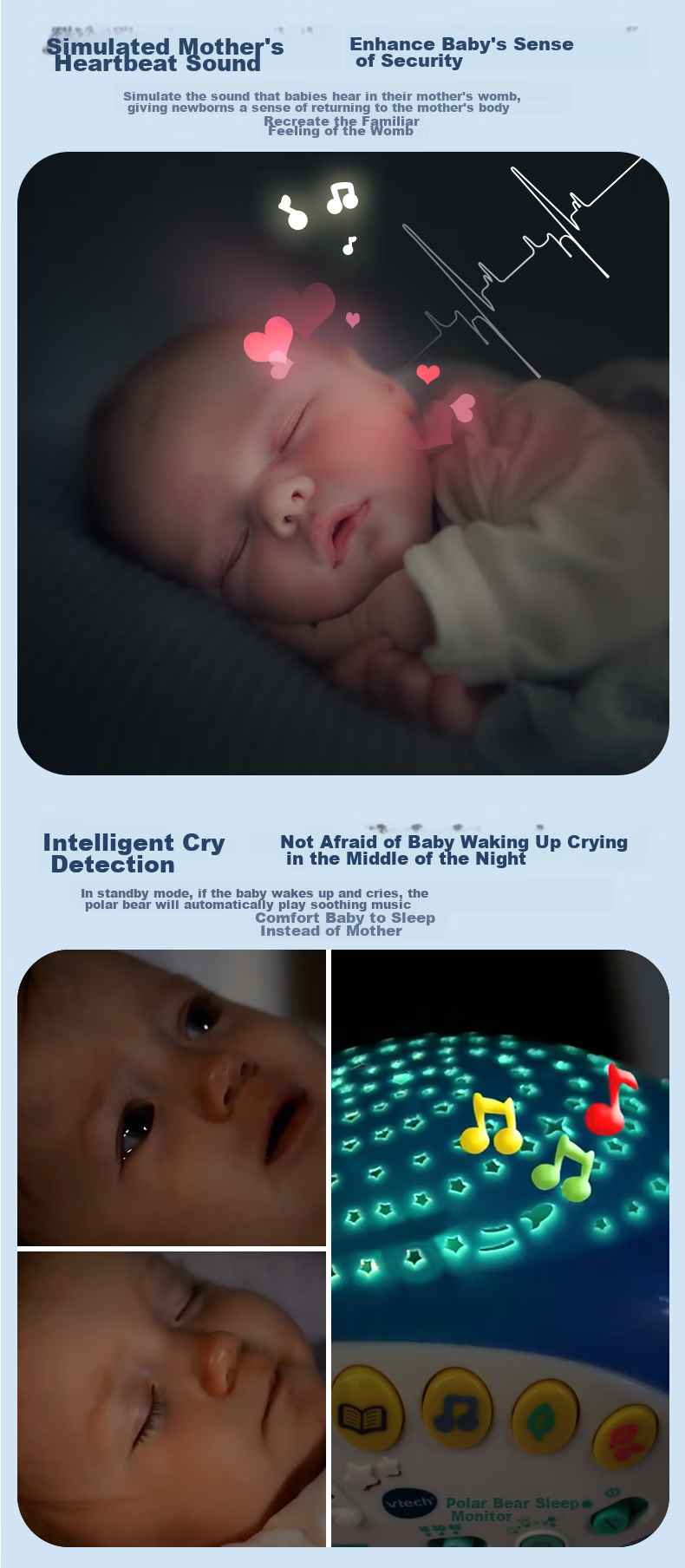 VTech Baby Toy Polar Bear Sleep Aid Musical Comfort Plush Doll, for 0 Months+, Newborn Birthday Gift 4