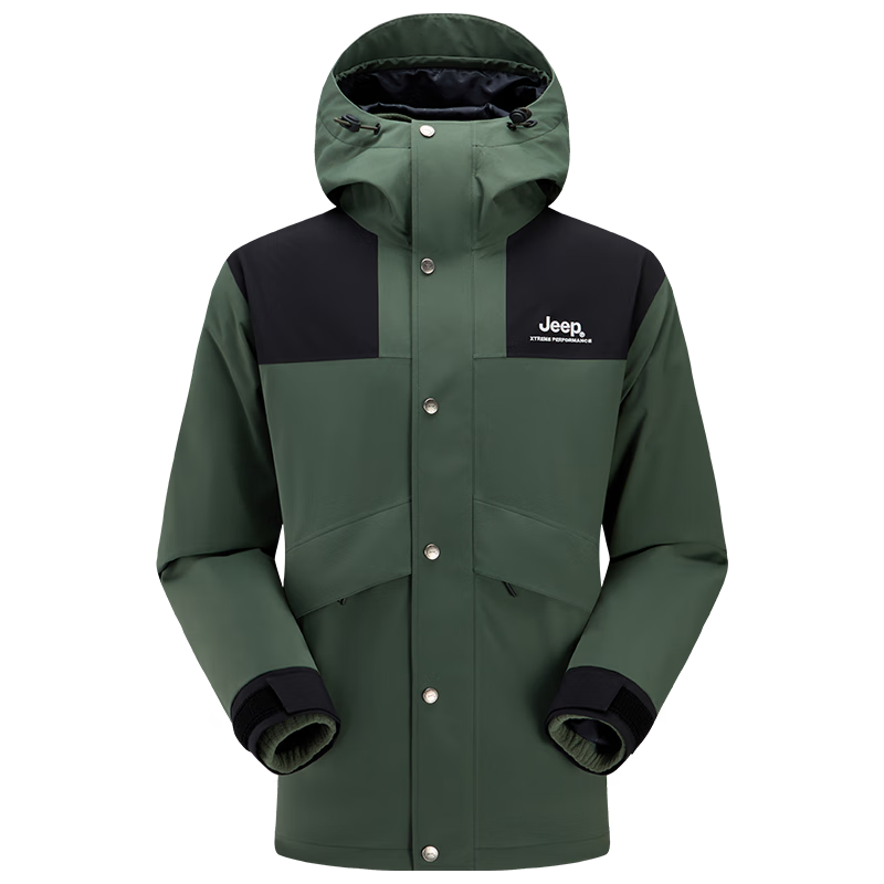 Jeep Men's And Women's Three-In Outdoor Hardshell Windproof Waterproof Mountaineering Jacket, Detachable Fleece-Lined Coat, Jungle Gree