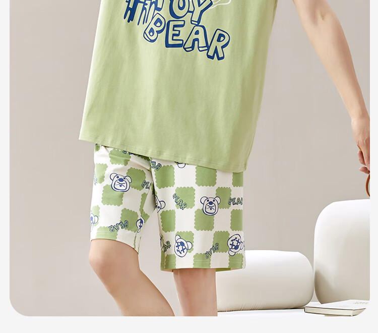 MiiOW [Anti-Mite Antibacterial Pure Cotton] Men's Pajamas, Stylish Pullover T-Shirt Loungewear Set, Green, XL 8