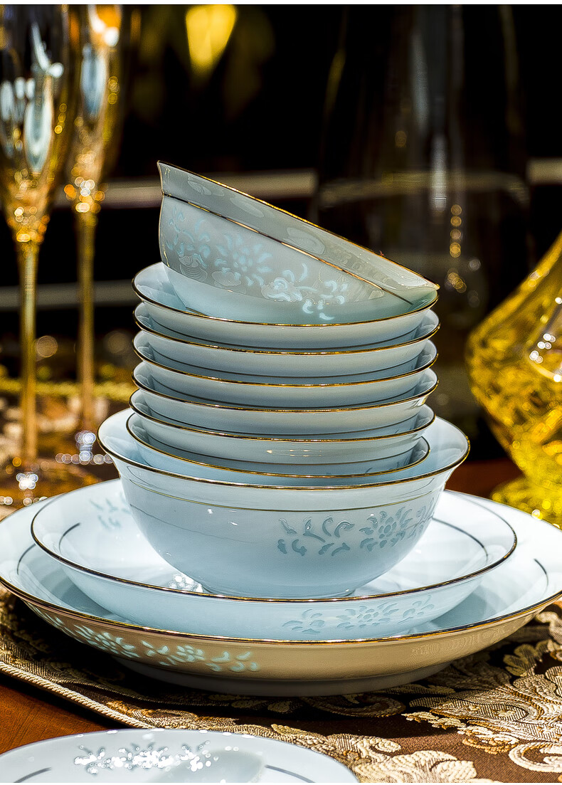 Guanpo New Gold-Rimmed Jingdezhen Underglaze Celadon Porcelain Delicate Bowl And Plate Set, Bone China Tableware Set for Home Use, Gift-Giving 20