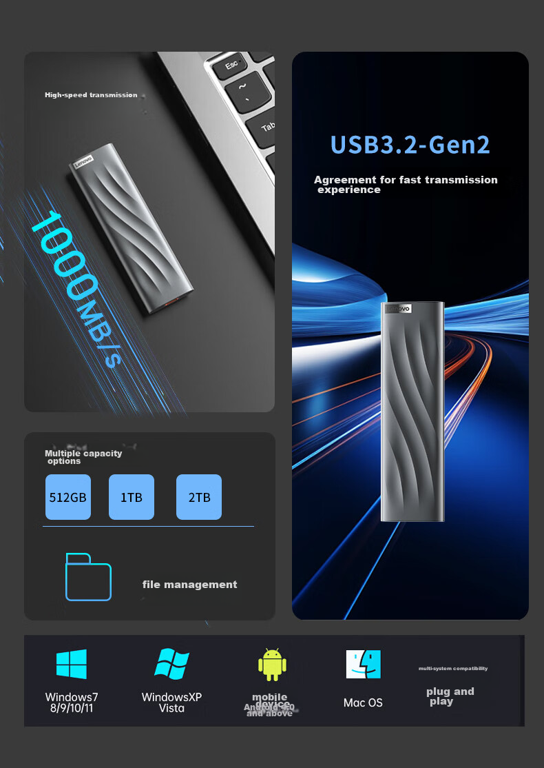 Lenovo 512GB NVMe 1000MB/s Portable Solid State Drive (PSSD) PS9 Type-C USB3.2 Dual Interface Metal Portable Hard Drive Direct Phone Connectio 6