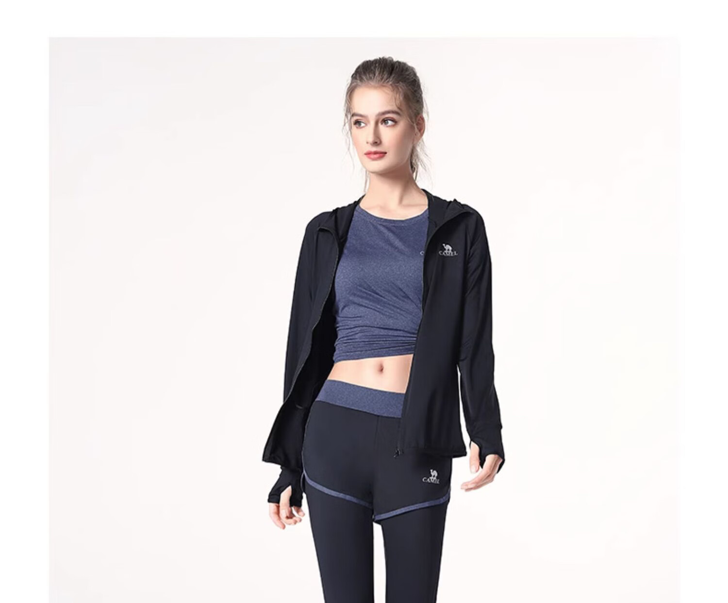CAMEL Yoga Outfit for Women, Long-Sleeve Autumn And Winter Sportswear, Morning Running Clothes YK22255493, Sky Blue/navy Blue 24