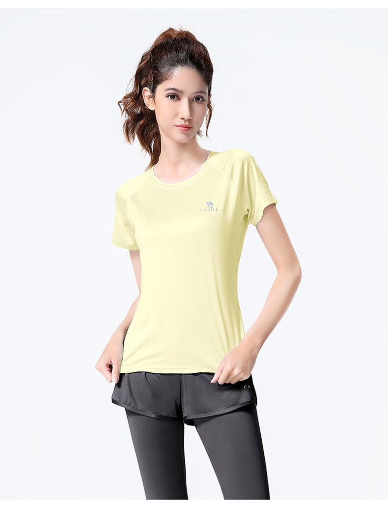 CAMEL Women's Sportswear Set, New Yoga Fitness Pilates Elastic Short-Sleeve Top And Long Pants, Anti-Exposure Two-Piece Athletic Outfit 13