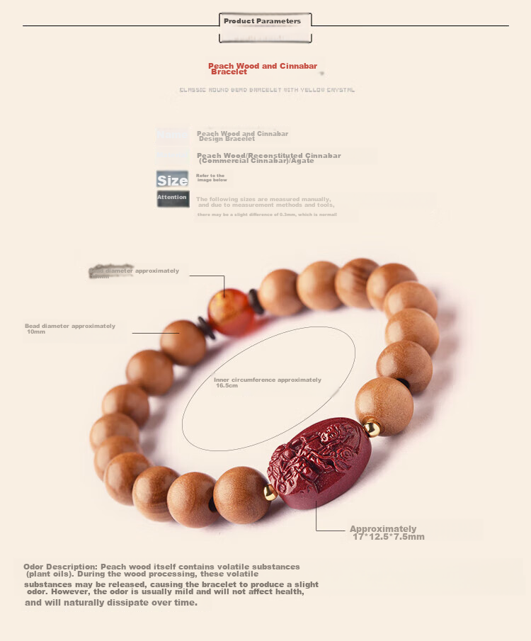 Lingfei Peach Wood Bracelet for Men And Women, Collectible Prayer Beads, Zodiac Year Agate Cinnabar Birthday Gift, Ox Tiger 10mm 6