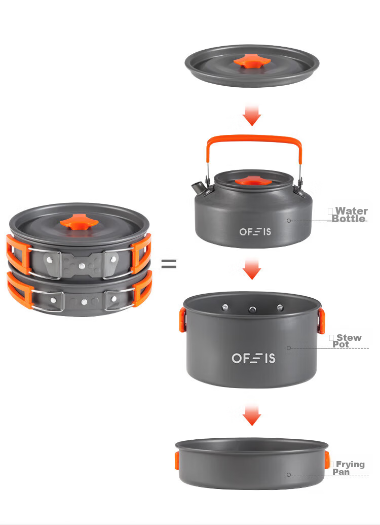 OFEIS Outdoor Cookware Three-In Teapot Frying Pan Camping Stove Set, Ultra-Light Aluminum Alloy Pot Set (10-Piece Set) 3