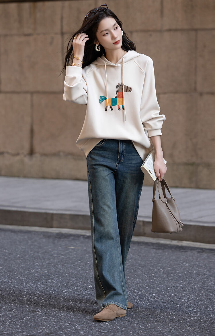 DME "Fresh Clothes and Angry Horses" Embroidered Hoodie, Spring and Autumn Age-Reducing Weapon, Soft 350G Air Layer Hooded Top 7