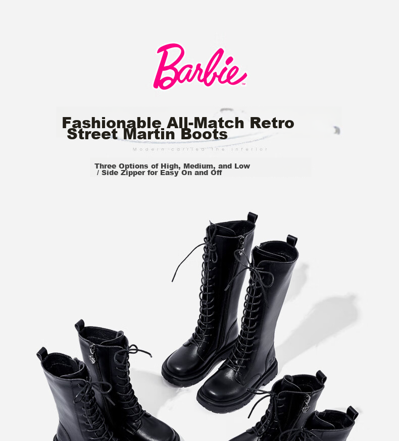 Barbie Girls' Spring And Autumn Martin Boots, Single-Lined Short Leather Boots, Versatile Black Boots for Children, DA6569 Black Size 28 1