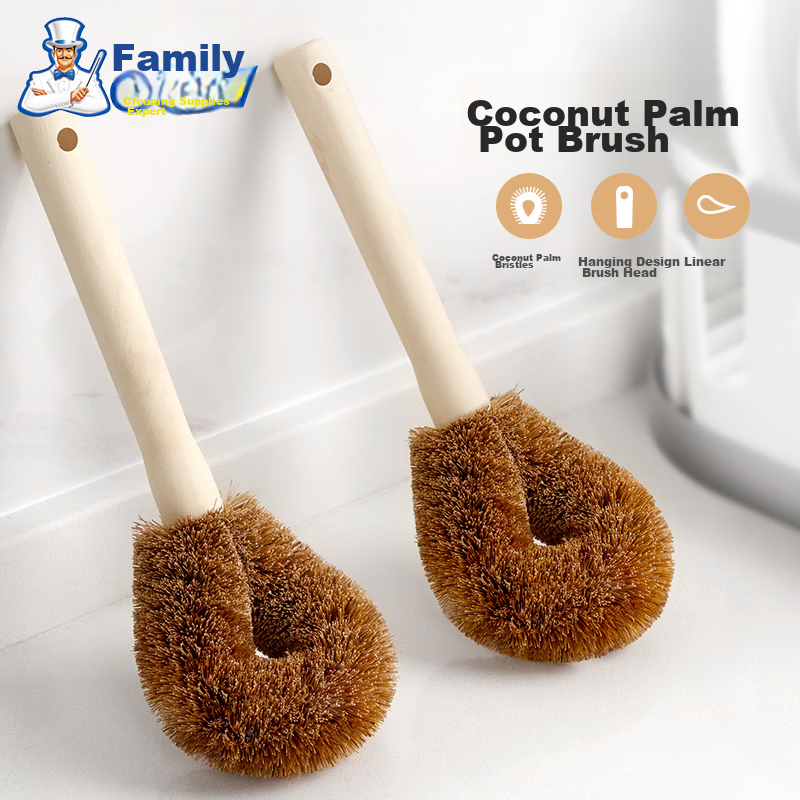 MR.SIGA Natural Coconut Palm Pot Scrubber, 2 Pieces, Long Handle Brush for Kitchen Cleaning And Stain Removal