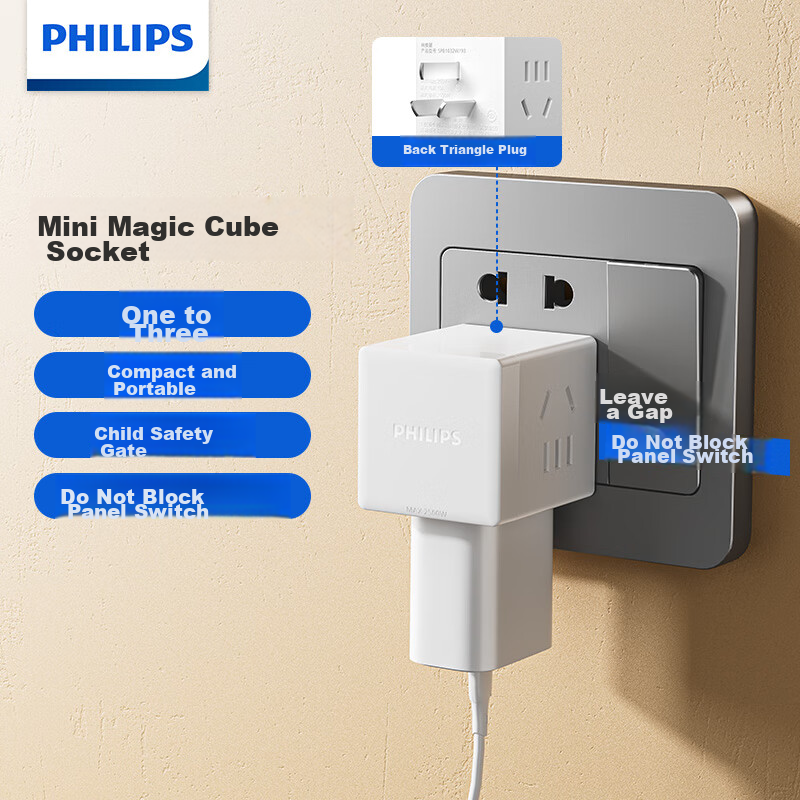 PHILIPS Cube Power Adapter, Dormitory Converter Plug, Socket Extender, Mini Wireless One-To Socket Converter, 1 Outlet 2 Holes + 2 Outlets 5 Holes Combination Socket 1032W