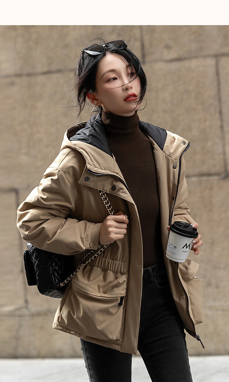 Dme [Black Technology Triple-Protection Battle Robe] Winter Outdoor Lightweight Sports Cotton Jacket with Hood, Elastic Waistband, Color-Block Women's Cotton Coat 15