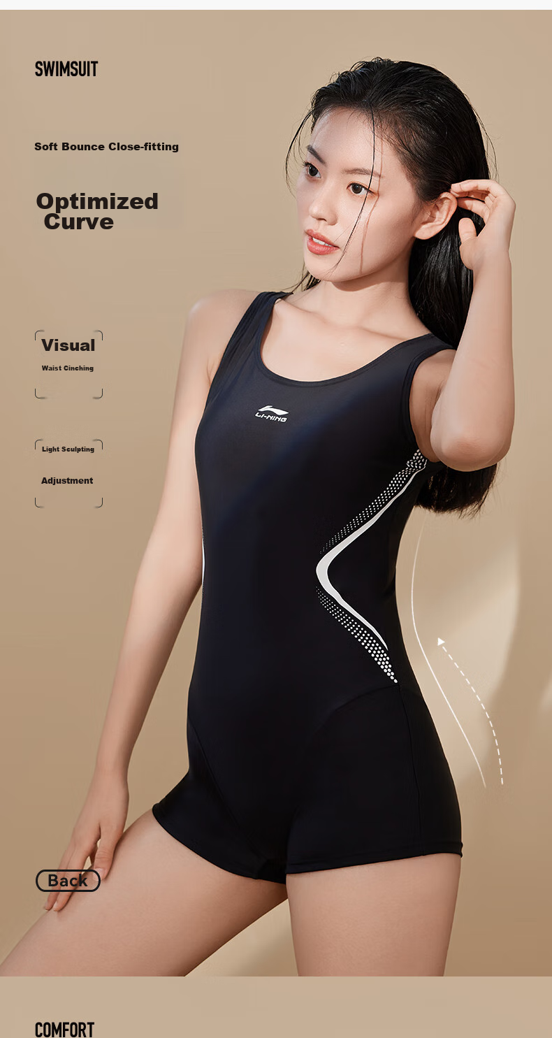 Li-Ning Women's One-Piece Swimsuit, Square Leg, Professional Sports, Push-Up, Tummy Control, Slimming, Hot Spring Resort Swimwear, 4712 Black And White, XL 5