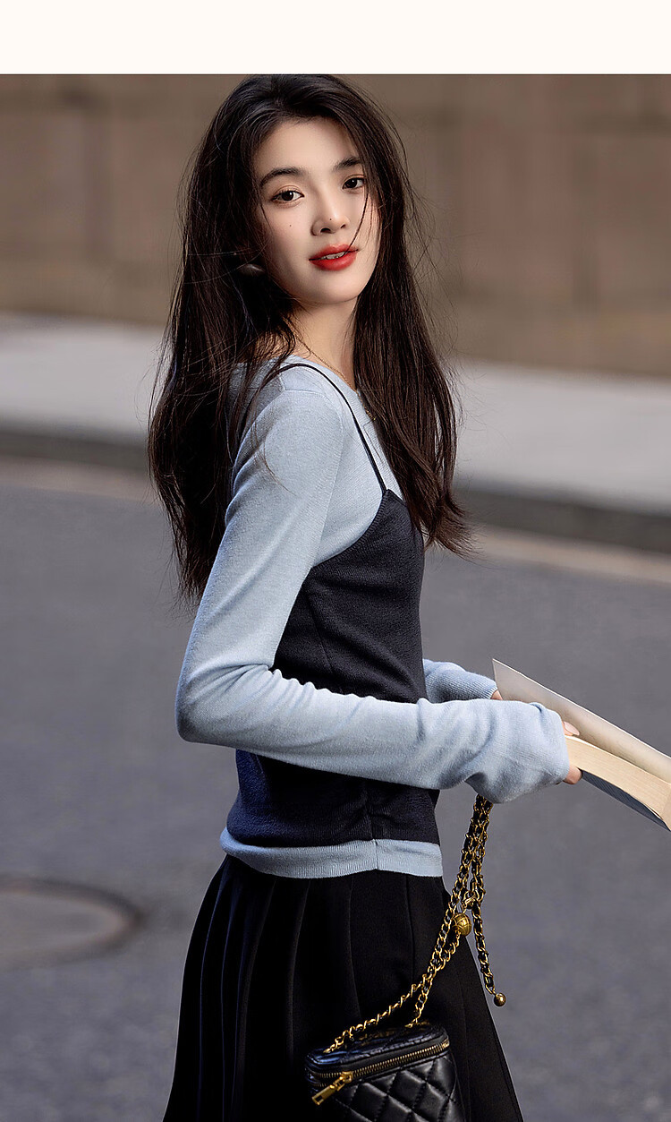 Dme [Raspberry Macaron] Spring And Autumn Girly Faux Two-Piece with Wool Sweater, Lightweight Knit Top for Young Wome 18