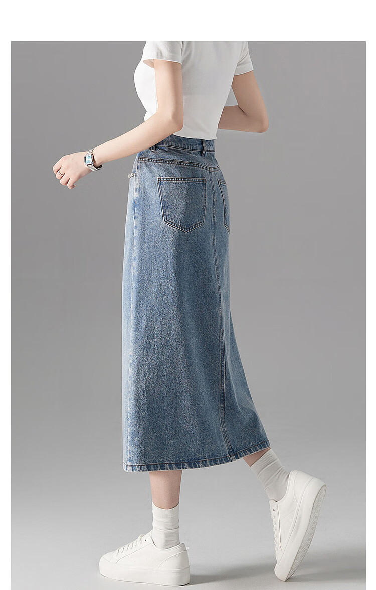 Dme [Yuanqi Yujie] Spring And Autumn Treasure Cloud-Feel Pure Cotton Pearl Decorative Design Split Denim Midi Skirt for Wome 9